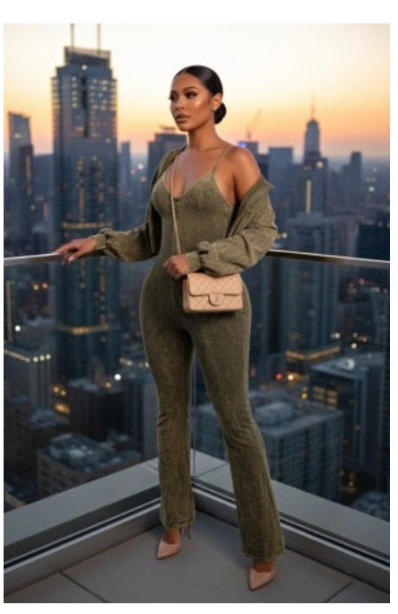 Mineral Wash Cropped Zip-up Jacket & Jumpsuit Set