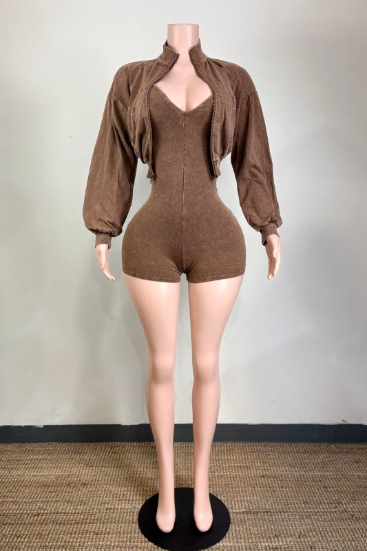 Mineral Wash Cropped Zip-up Jacket & Romper Set